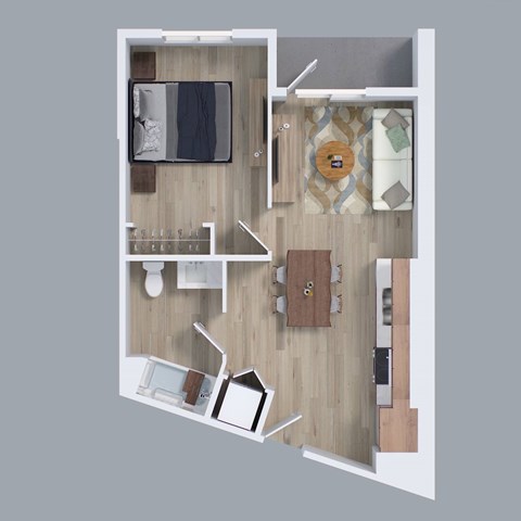 Floor plan for 1 bed, 1 bath, 654 sqft